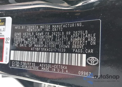 2012 Toyota Camry Se Limited Edition из США, поврежденный, VIN 4T1BF1FK4CU171039